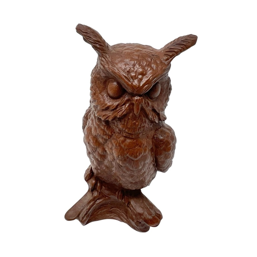 Red Mill Manufacturing Carved Brown Owl Figurine Pecan Shell Resin Made in USA